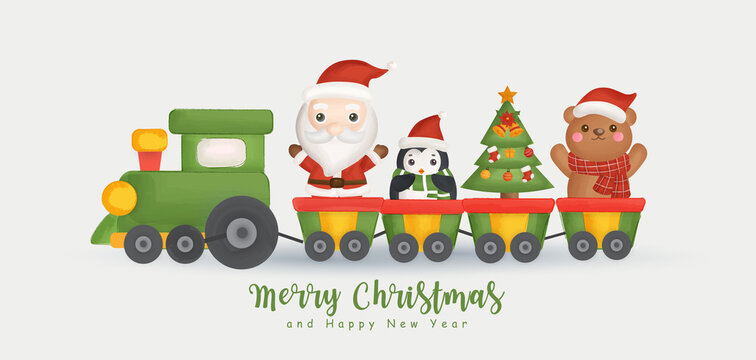 Merry Christmas and happy new year banner with cute Santa and friends.