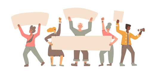 Protest. Group of men and women with banners.