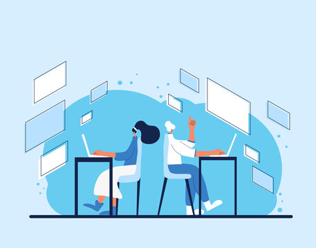 Man work with laptop. Vector flat design.