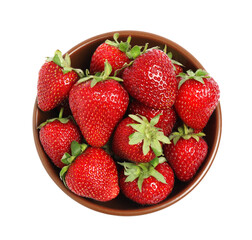Fresh ripe strawberries in bowl isolated on white, top view