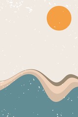 Abstract contemporary aesthetic background with desert, mountains, Sun. Earth tones, burnt orange, terracotta colors. Boho wall decor. Mid century modern minimalist art print. Organic shape Vector
