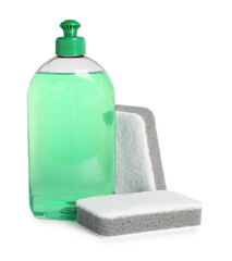 Bottle of detergent and sponges on white background