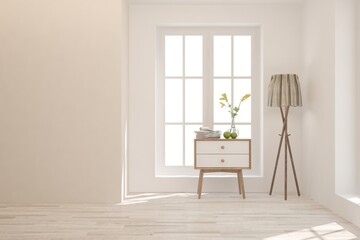 White minimalist empty room with shelf and lamp. Scandinavian interior design. 3D illustration
