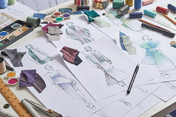 Fashion designer stylish drawings sketches textile fabric material Costume. Designer creative workshop studio. - obrazy, fototapety, plakaty
