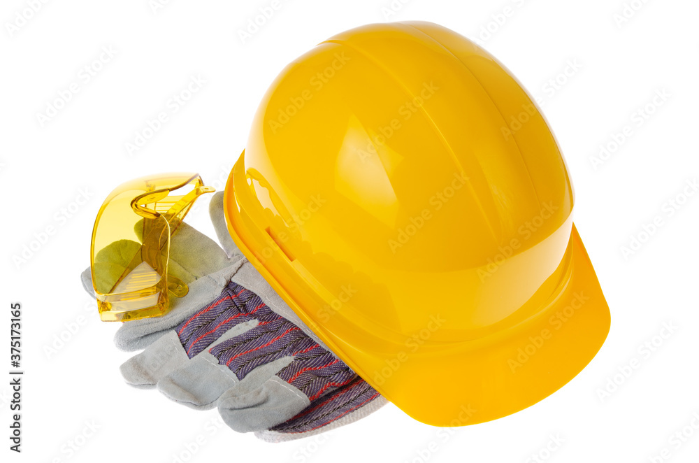 Wall mural yellow plastic hard hat glasses and protective gloves isolated on white background. safe labor conce