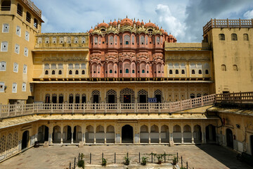 Jaipur, India - August 2020: View of the Hawa Mahal, the most characteristic monument in Jaipur on August 27, 2020 in Rajasthan, India.