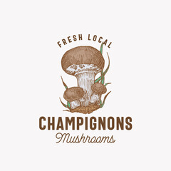 Fresh Local Mushrooms Abstract Sign, Symbol or Logo Template. Hand Drawn Colorful Champignons Group with Typography. Edible Plant Vector Emblem Concept.