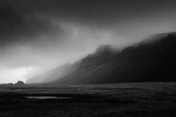 Iceland beautiful nature dramatic landscape. Black and white toned