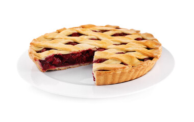 Delicious fresh cherry pie isolated on white
