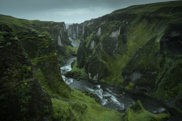 Canyon Fjadrargljufur valley landscape in South Iceland. Famous tourism destination