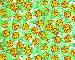 Green leaf and primula flower seamless repeat pattern Illustration