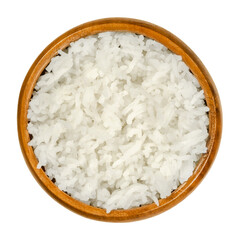 Cooked white basmati rice in a wooden bowl. Rice variety with long slender grains and aromatic smell and taste, from the Indian subcontinent. Closeup from above, isolated over white, macro food photo.