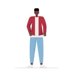 young man in casual trendy clothes african american male cartoon character standing pose full length vector illustration