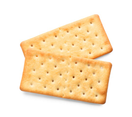 Delicious crispy crackers isolated on white, top view