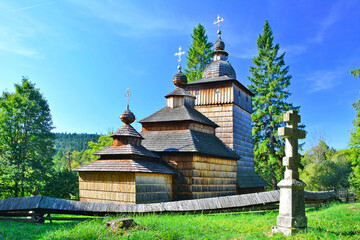 Orthodox church in Wolowiec in Low Beskid (Beskid Niski) in Poland. Historic, Lemko wooden architecture. - obrazy, fototapety, plakaty