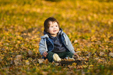 Naklejka na ściany i meble Child 0-1 years old in the autumn park
