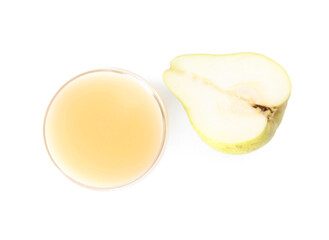 Fototapeta na wymiar Tasty pear juice and fruit isolated on white, top view