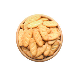Delicious crackers in bowl isolated on white, top view