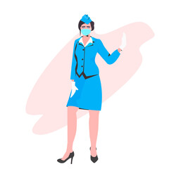 stewardess in uniform wearing face mask to prevent coronavirus pandemic covid-19 quarantine concept full length vector illustration