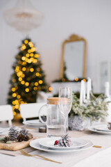 Table served for Christmas dinner in living room, close up view