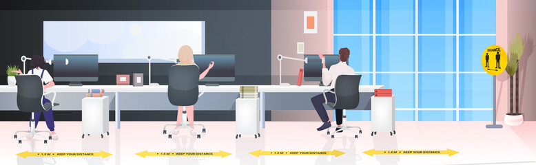 rear view businesspeople sitting at workplaces keeping distance to prevent coronavirus epidemic covid-19 protection measures office interior horizontal full length vector illustration