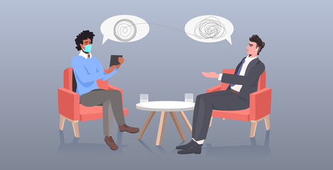 african american psychotherapist in mask consulting patient during psychotherapy session coronavirus pandemic protection concept horizontal full length vector illustration