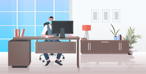 businessman in mask sitting at workplace social distancing coronavirus epidemic protection self isolation remote work concept office interior horizontal full length vector illustration