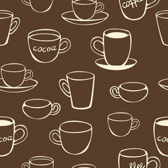 Vector seamless pattern of cups and mugs with cocoa and marshmallow. Concept for coffee house. Coffee colour.