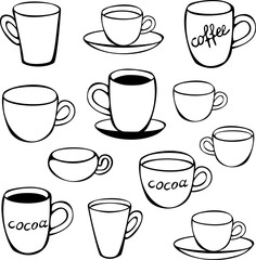 Black and white set of twelve different cups and mugs. Crockery vector set with mugs. Concept for coffee house.