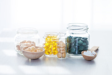 Vitamins, supplements, healthy life concept.