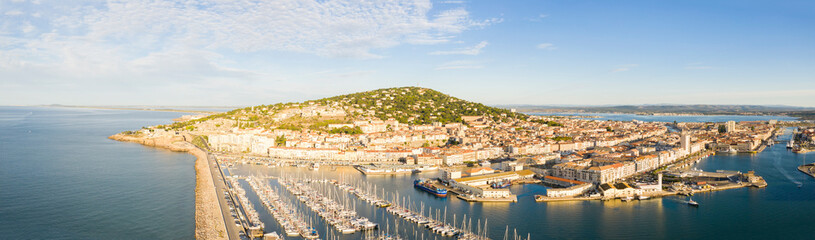 Fototapeta na wymiar Panorama of the marina of the port of Sete on a summer morning, in Herault in Occitania, France