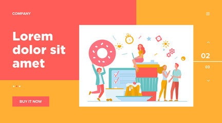 People enjoying coffee break. Young men and women using digital devices among disposable paper and ceramic cups, baked snacks, menu. Can be used for coffee shop, bakery, morning, breakfast concept