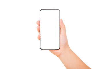 One Hand holding new smartphone on over white background. Smartphone isolate.