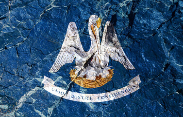 National flag of American state of Louisiana depicts a bird's nest in blue in center, inside which...
