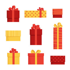 Set of bright colorful gift boxes of different shapes and sizes on a white background. Vector clip art illustrations of gifts for new year, christmas, birthday, valentine's day