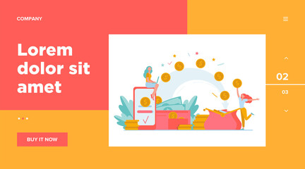 Naklejka premium Stylized people sending payment and receiving money isolated flat vector illustration. Cartoon tiny woman with wallet and coins. Remittance, bank and financial transactions concept