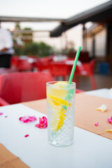 A cocktail gin tonic with lemon and orange in a glass with a green tube and flower petals on a table in a restaurant with a red background. Alcohol. Drink. Relax. Weekend.