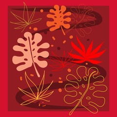 colorful tropical leaves on a red background. fashionable vector illustration. bright cover, print, template.