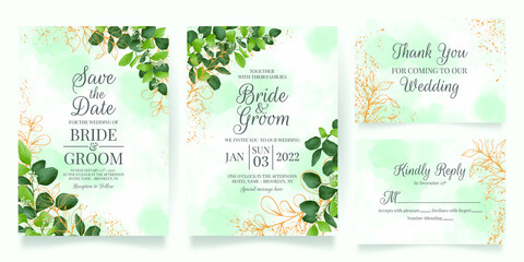 wedding invitation card template set with watercolor decoration