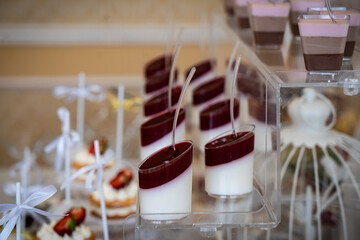 Wedding sweets, decorated tables, decorations and cupcakes, delicious meat and delicacies