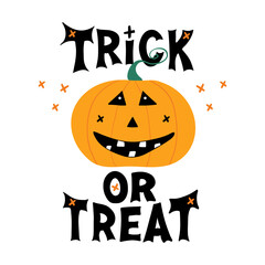 Cute smiling pumpkin character with Trick or treat lettering and doodle cross elements. Holiday greeting card. Isolated on white background. Vector stock illustration.
