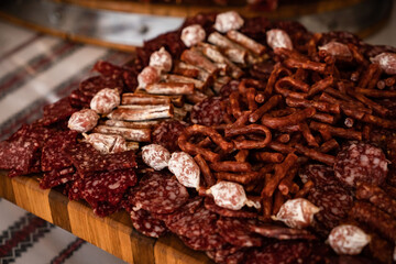 Wedding sweets, decorated tables, decorations and cupcakes, delicious meat and delicacies