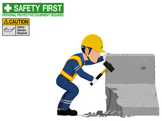 An industrial is breaking the concrete barrier on white background