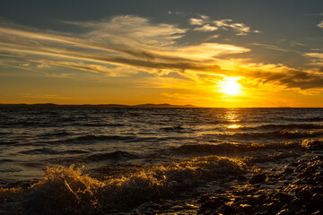 Colorful sunset at the Adriatic sea photographed in August 2020 in Zadar, Croatia