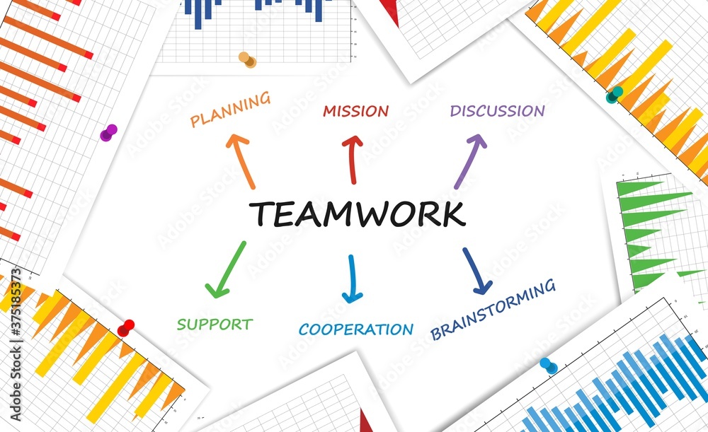 Poster teamwork illustration with words and statistics graphs over white background
