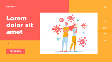 Infected people wearing face masks suffering from anxiety and coronavirus symptoms. Man and woman feeling fever, head and joint ache. Can be used for Wuhan, respiratory disease, warning topics