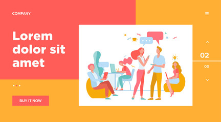 Hipster people talking and using computers in co-working. Creative team meeting and working in open space. Vector illustration for workplace, teamwork, business concept