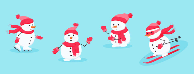 Snowman rejoices, having fun, greets and waves