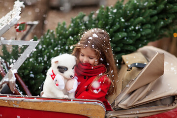 little girl with a husky puppy is laughing under the snow in a red convertible