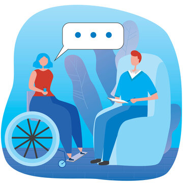 Psychotherapist and patient in wheelchair as psychotherapy and disability concept, flat vector stock illustration